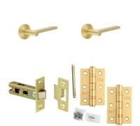 Loops Door Handle & Latch Set Satin Brass Slim Rounded Lever Round Reeded On Rose