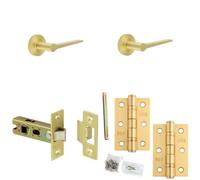 Loops Door Handle & Latch Set Satin Brass Slim Tapered Lever Round Knurled On Rose