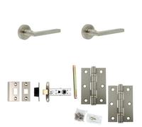 Loops Door Handle & Latch Set Satin Nickel Mitred Lever Round Plain On Rose