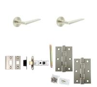 Loops Door Handle & Latch Set Satin Nickel Slim Mitred Lever Round Reeded On Rose