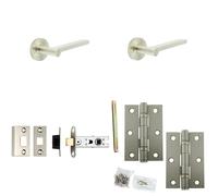 Loops Door Handle & Latch Set Satin Nickel Slim Rounded Lever Round Knurled On Rose