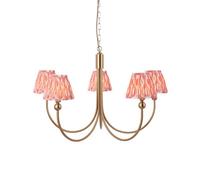 Loops Elegant Brushed Aged Brass Ceiling Pendant Light With Coral Pink Ikat Shades