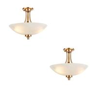 Loops Elegant Brushed Aged Brass Semi Flush Ceiling Light - Set Of 2 With White Glass Shades