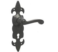 Loops Elegant Fleur De Lys Black Door Handle With Lockplate For Classic Homes - Interior Lever On Backplate