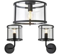 Loops Flush Ceiling Light & 2X Matching Wall Lights - Matt Black Clear Glass Shade