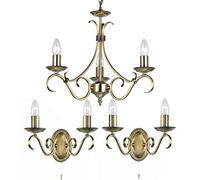 Loops Flush/Hanging 3 Bulb Ceiling & 2X Twin Wall Light Pack | Classic Antique Brass Chandelier Set | Matching Indoor Lamp Fittings | Modern/Vintage Lounge Bedroom Lighting | LED & Dimmable kit