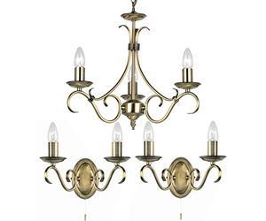 Loops Flush/Hanging 3 Bulb Ceiling & 2X Twin Wall Light Pack | Classic Antique Brass Chandelier Set | Matching Indoor Lamp Fittings | Modern/Vintage Lounge Bedroom Lighting | LED & Dimmable kit