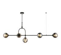Loops Hanging Ceiling Bar Pendant Light - 5X Grey Tinted Glass Shades - Matt Black Linear Lamp