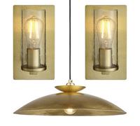 Loops Hanging Ceiling Pendant & 2X Matching Wall Lights - Brass Hammered Dimmable Set