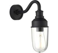 Loops Ip44 Outdoor Wall Light - Textured Black Curved Arm Clear Glass Shade - Garage Porch Lamp