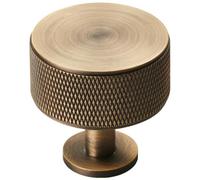 Loops Knurled Radio Cupboard Door Knob - 35mm Diameter - Antique Brass Cabinet Handle