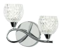 Loops LED Twin Wall Light Twisted Chrome Arm Glass Pattern Shade Dimming Lamp Lighting in Clear Loops Clear