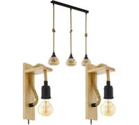 Loops Linear Ceiling Pendant & 2x Matching Wall Lights Black Rope & Amber Glass Shade Loops Black