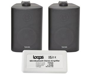 Loops LoopsDirect - 2x 60W 3” Black Wall Mounted Bluetooth Speaker System & Amplifier Kit - HiFi Active Amp - Stream Wireless Audio Quality Music Home System - Indoor Speakers