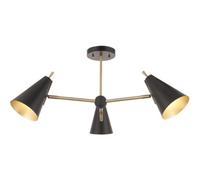 Loops Matt Antique Brass Semi Flush Low Ceiling Light - Matt Black Shade - 3X 7W Led E14