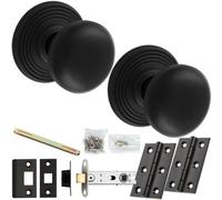 Loops Mortice Door Knob & Latch Pack - Matt Black - Lined Reeded On Round Rose