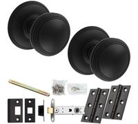 Loops Mortice Door Knob & Latch Pack - Matt Black - Ringed Reeded On Round Rose