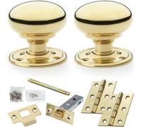 Loops Mortice Door Knob & Latch Pack - Polished Brass - 51mm Smooth Mushroom On Round Rose