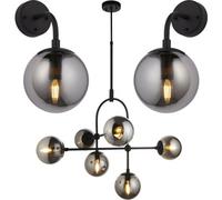 Loops Multi Arm Ceiling Pendant & 2X Matching Wall Lights - Matt Black Frame Grey Tinted Glass Shade Set
