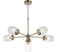 Loops Multi Arm Hanging Ceiling Pendant Light - Antique Brass Plate Adjustable Stem & 6X Clear Glass Shades