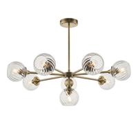 Loops Multi Arm Hanging Ceiling Pendant Light - Antique Brass Plate & Clear Spiral Glass - 8 X 7W Led E14