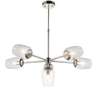 Loops Multi Arm Hanging Ceiling Pendant Light - Bright Nickel Plate Adjustable Stem & 6X Clear Glass Shades