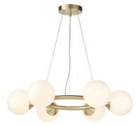 Loops Multi Arm Hanging Ceiling Pendant Light - Satin Brass Plate & Gloss White Glass Shade - 6 X 3W Led G9