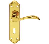 Loops PAIR Curved Door Handle Lever on Lock Backplate 180 x 45mm Polished Brass in Metallics Loops Metallics