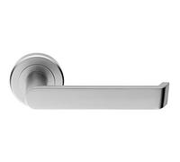 PAIR Flat Faced Lever on Round Rose Chamfered Edge Concealed Fix Satin Chrome