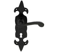 PAIR Forged Scroll Lever Handle on Lock Backplate 206 x 57mm Black Antique