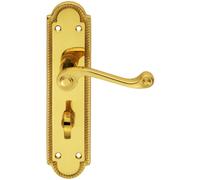 PAIR Reeded Scroll Lever on Shaped Bathroom Backplate 205 x 49mm Polished Brass