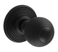 Loops Pair Round Reeded Mortice Door Knob 50mm Diameter Matt Black Lined Handle