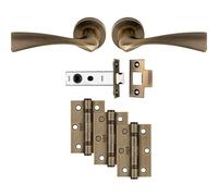 Loops Premium Door Handle & Latch Pack - Antique Brass Curved Flair Lever Round Rose