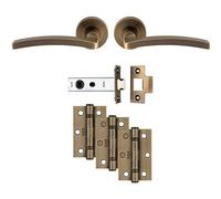 Loops Premium Door Handle & Latch Pack - Antique Brass Slim Curved Lever Round Rose