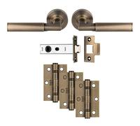 Loops Premium Door Handle & Latch Pack - Antique Brass Straight Lever Round Rose