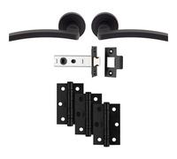 Loops Premium Door Handle & Latch Pack - Matt Black Slim Curved Lever Round Rose