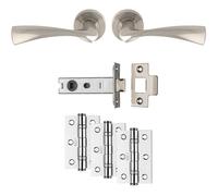 Loops Premium Door Handle & Latch Pack - Satin Nickel Curved Flair Lever Round Rose