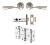 Loops Premium Door Handle & Latch Pack - Satin Nickel Curved Flair Lever Round Rose