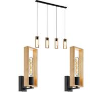Loops Quad Ceiling & 2x Matching Wall Lights Black & Wood Box Modern Dining Table Loops Black