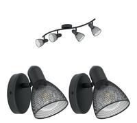 Loops Quad Ceiling Spot Light & 2x Matching Wall Lights Black Mesh Adjusatble Head Loops Black