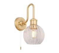 Loops Satin Brass Bathroom Wall Light & Ribbed Glass Shade IP44 Rated Knurled Detail in Clear Loops Clear