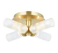 Loops Satin Brass Semi Flush Low Ceiling Bathroom Light - Clear Ribbed Multi Arm Glass - 4 X 3W LED G9