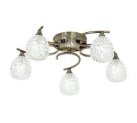 Loops Semi Flush Ceiling Light Brass Textured Glass 5 Bulb Hanging Pendant Lamp Shade in Clear Loops Clear