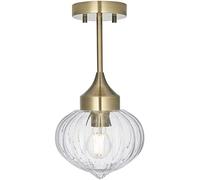 Loops Semi Flush Ceiling Light Fitting - Antique Brass Plate & Ribbed Glass Shade | Steel & Glass Construction - Bulb Not Included - Requires 10W LED E27 - Dimmable Lighting
