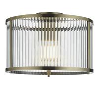 Loops Semi Flush Low Ceiling Light - Antique Brass & Clear Ribbed Glass - 10W Max LED E27