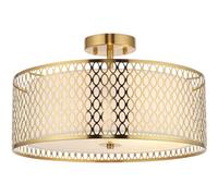 Loops Semi Flush Low Ceiling Light - Gold Effect White Fabric & Frosted Glass - 3X 10W Max Led E27