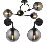 Loops Semi Flush Low Ceiling Pendant & 2X Matching Wall Lights - Matt Black Frame Grey Tinted Glass Shade Set