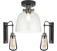 Loops Semi Flush Low Ceiling Pendant & 2X Matching Wall Lights - Matt Black Frame Smoked Grey Tinted Glass Shade - Dimmable Set