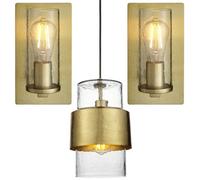 Loops Single Hanging Ceiling Pendat & 2X Matching Wall Lights - Brass Hammered Dimmable Set