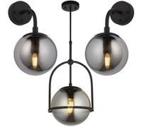 Loops Single Hanging Ceiling Pendat & 2X Matching Wall Lights - Matt Black Frame Grey Tinted Glass Shade Set